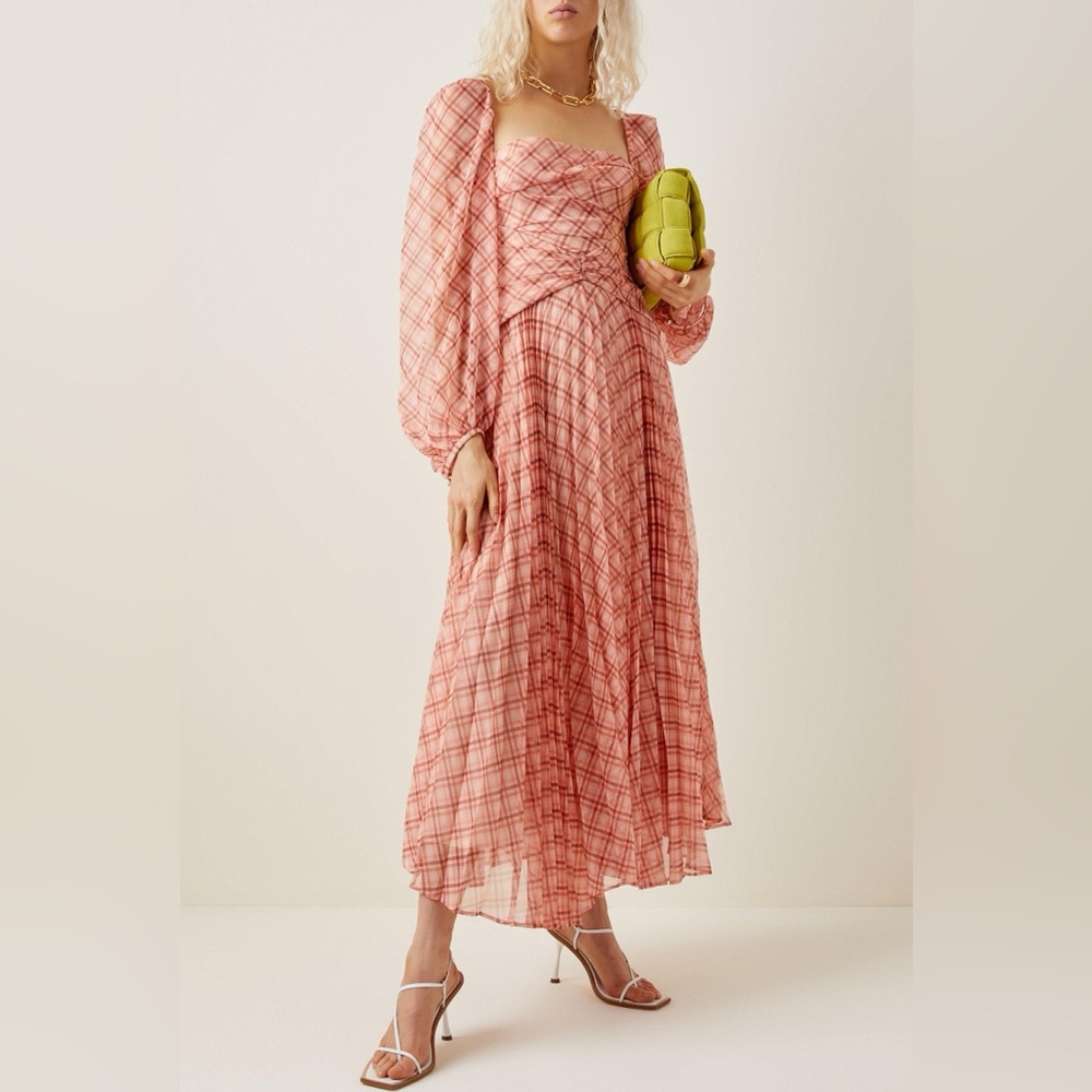Acler Pleated Plaid Chiffon Maxi Dress